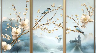 花鸟山水三联画 春意盎然