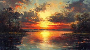 湖畔绝美日落油画风景