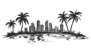 海滨城市风景手绘插画