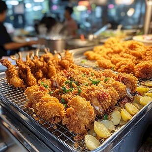 夜市美味炸鸡诱人呈现