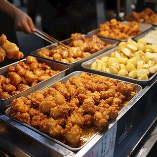 街头美味炸鸡等小吃展示