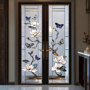 玉兰花蝴蝶艺术双开玻璃门