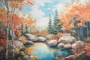 秋日林间溪流油画美景