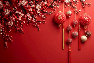 中式新春挂饰喜庆红背景