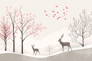 冬日浪漫鹿景与飞鸟樱花