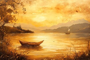 湖畔黄昏孤舟静谧美景
