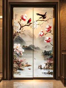 中式花鸟山水移门装饰画