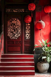 中式红门红灯笼传统景致