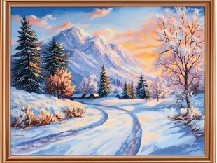 冬日雪山林间雪景油画