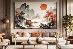 中式客厅 巨幅山水挂画意境美