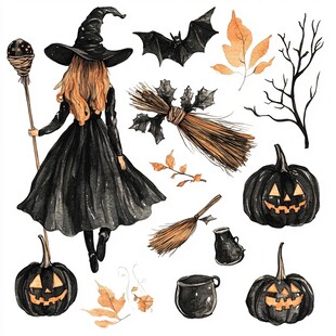 女巫与万圣节元素插画