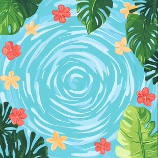 热带风情泳池花卉插画