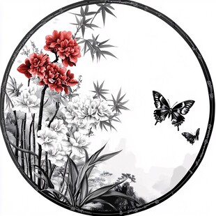 圆形水墨花卉蝴蝶图