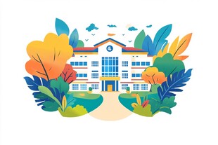 校园风景插画 多彩建筑绿植