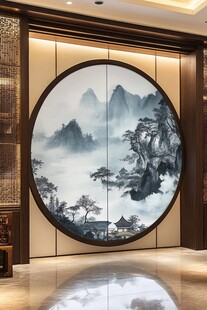 中式山水圆形屏风装饰画