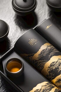 中式黑金风茶具与书卷意境