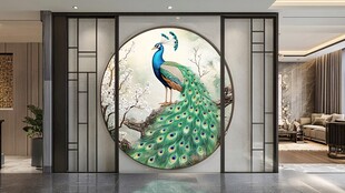中式玄关处的孔雀艺术装饰