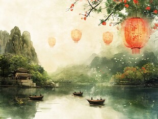 古风山水间的灯笼与小船