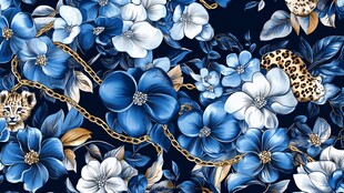 蓝白花卉链条豹纹图案