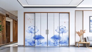 中式水墨荷花移门装饰