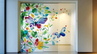 多彩花卉蝴蝶移门装饰图