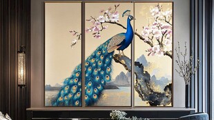中式孔雀花卉三联装饰画