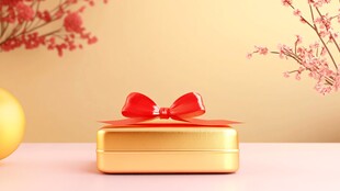 金色礼盒配红蝴蝶结装饰