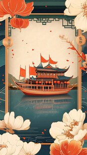 中式古风游船花卉背景图