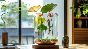 玻璃容器中的精致荷花景观