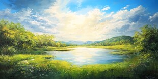 梦幻湖畔的阳光风景