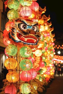 传统彩灯装点的热闹街景