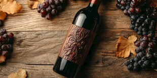 木质桌上的红酒与葡萄