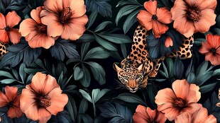 豹与花卉的热带风情图案