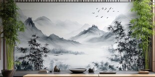 中式山水意境茶室背景墙