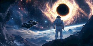 宇航员凝望黑洞太空景象