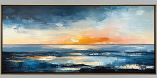 海上日落油画风景图