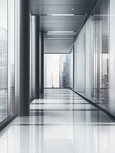 现代玻璃走廊与城市景观