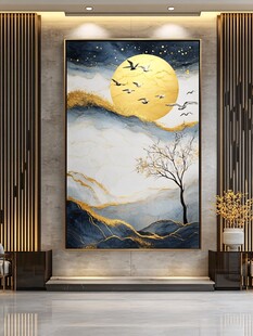 中式山水月夜飞鸟装饰画