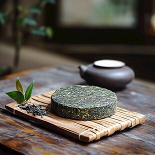 古朴茶饼静置于竹制托盘