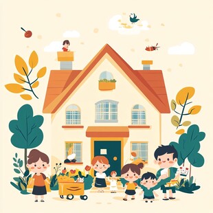 欢乐儿童在温馨房子前玩耍