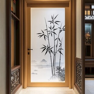 中式屏风上的水墨竹景图