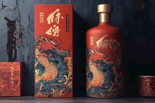 龙纹白酒瓶与包装盒展示
