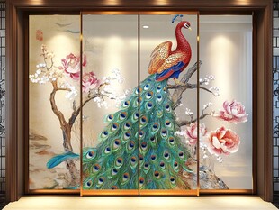 中式孔雀花卉屏风装饰画