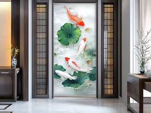 中式玄关九鱼荷花装饰画