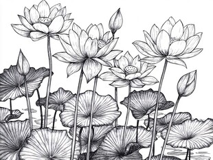 水墨风荷花线描图