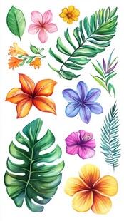 热带花卉与叶片插画素材