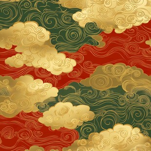 中式金云红绿底纹图案