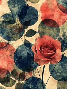 复古风玫瑰与叶抽象图案