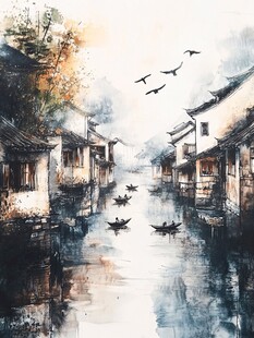 水墨江南水乡小船飞鸟图