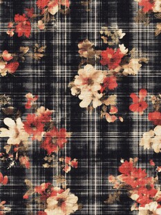 黑底格纹花卉图案布料